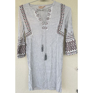 Rungolee XS Striped Embroidered Boho Tunic Dress Peasant Top Festival Blouse
